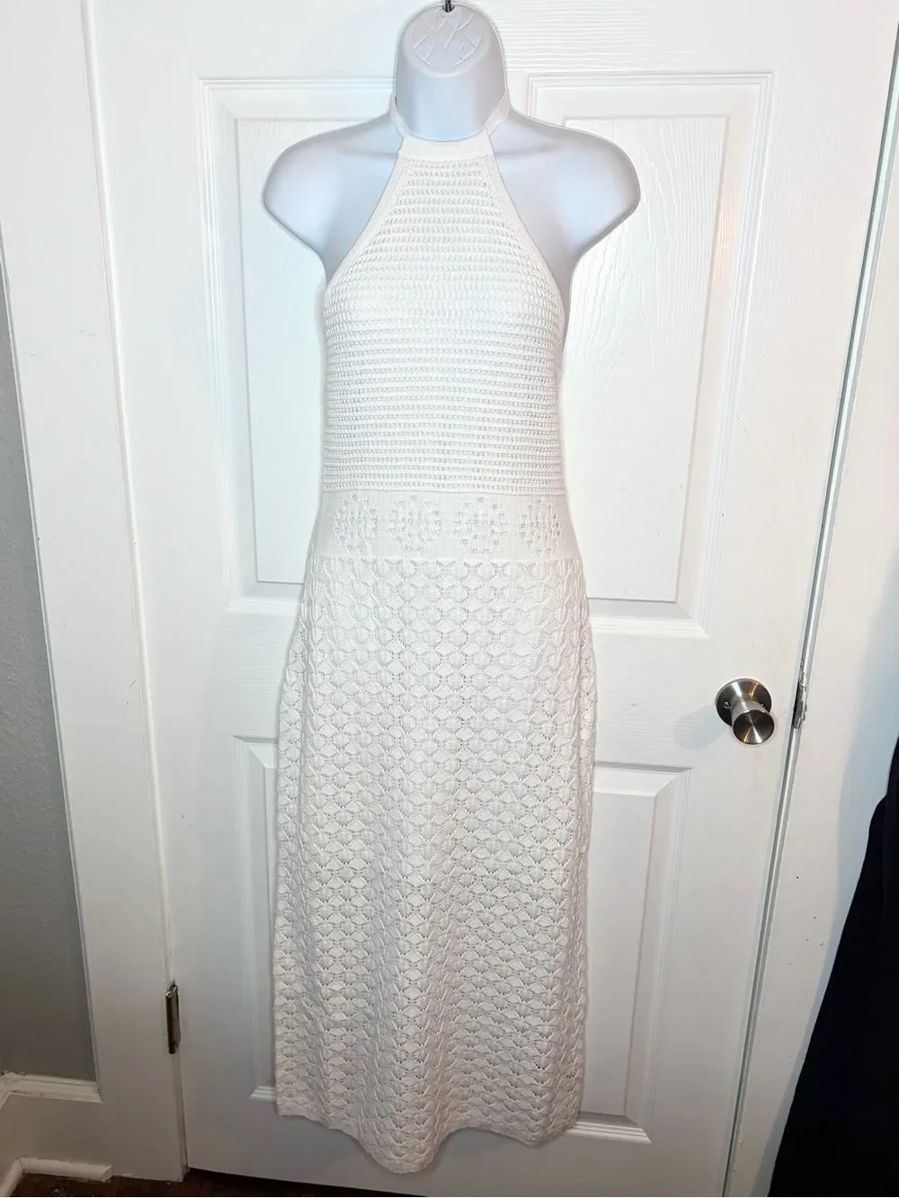 Frye Textured Knit Bright White Crochet Halter Midi Dress Sweater Dress M NWT